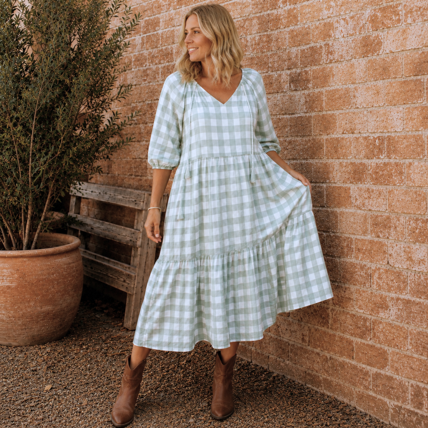Gingham Sage Maxi Dress
